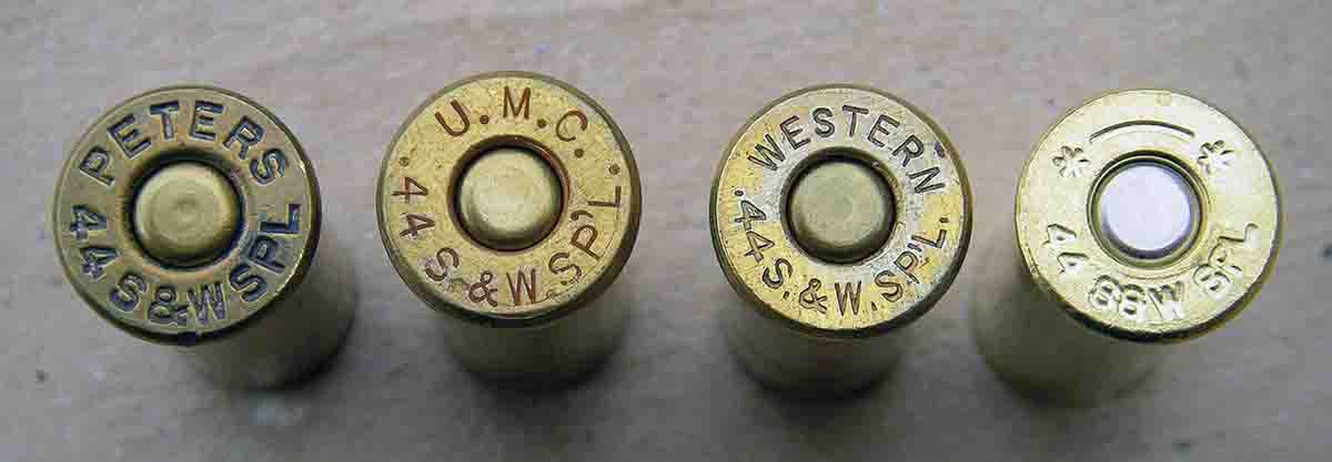 Balloonhead cases, such as these from Peters, U.M.C. and Western, were weaker in construction and have often deteriorated with age and should not be reloaded. Modern solid-head cases, such as the Starline case (right), handle loads of all pressure levels.